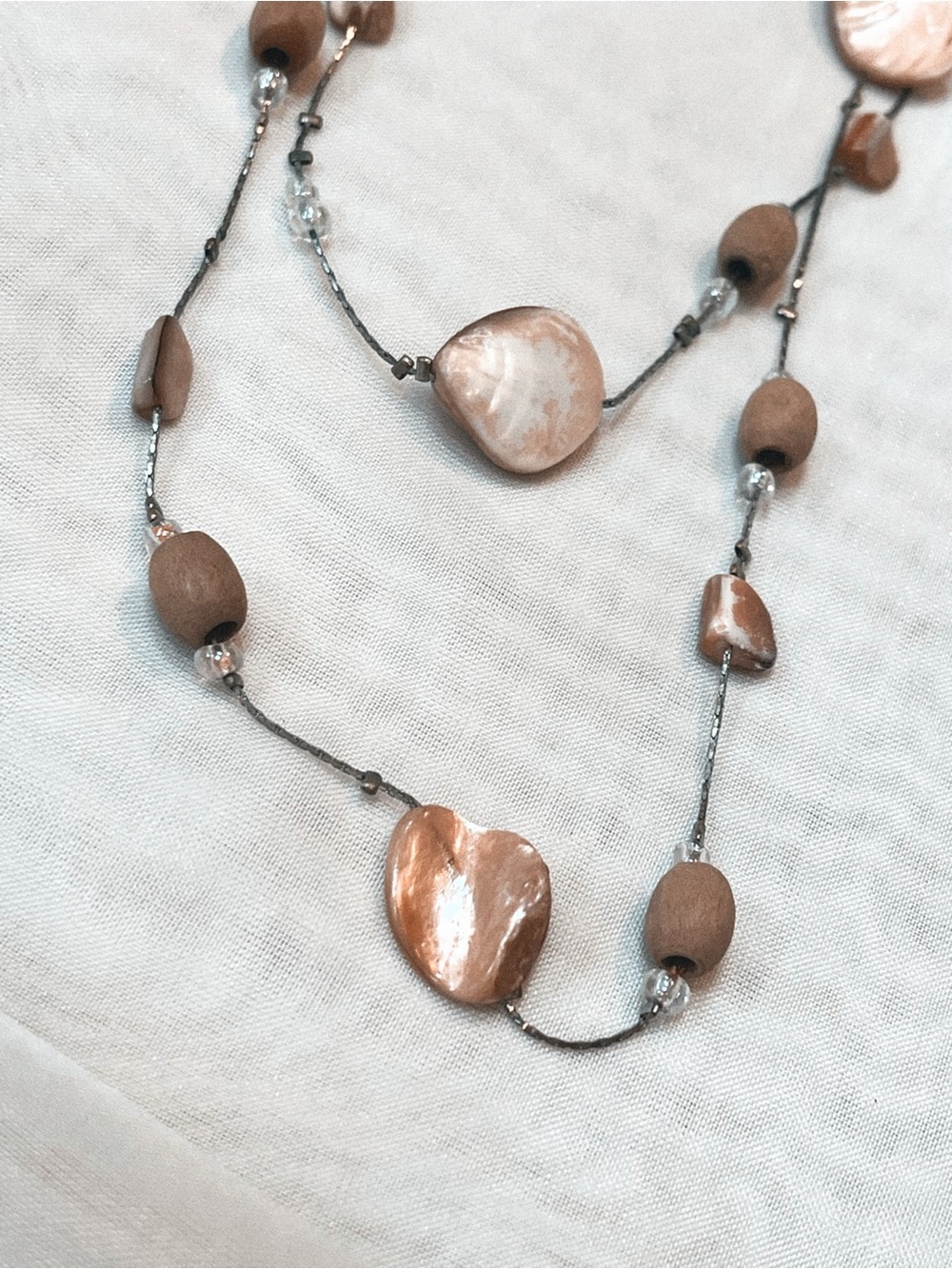 Mother of Pearl Shell & Wood Bead Layered Strand Necklace - Picture 3 of 5